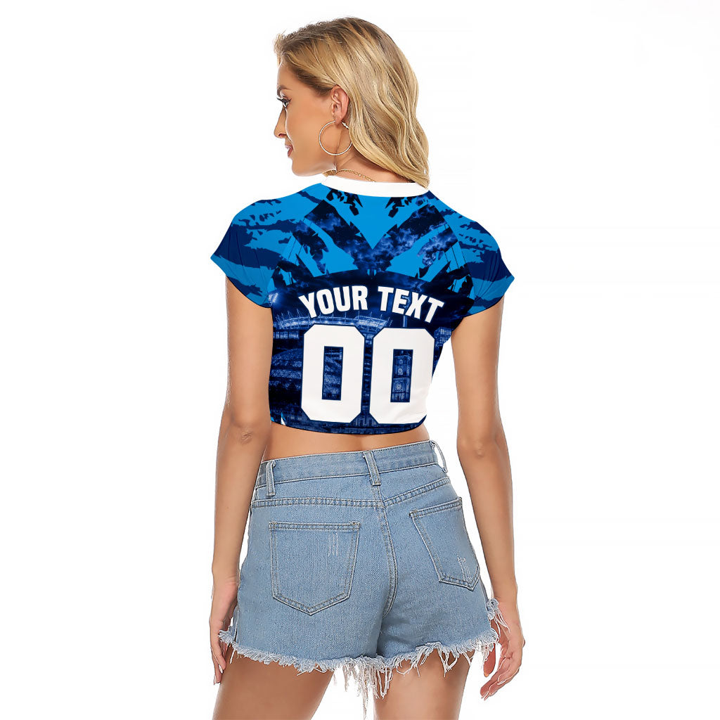 Personalised Geelong Cat Football Raglan Cropped T Shirt Electric Blue Mascot Charging Cityscape