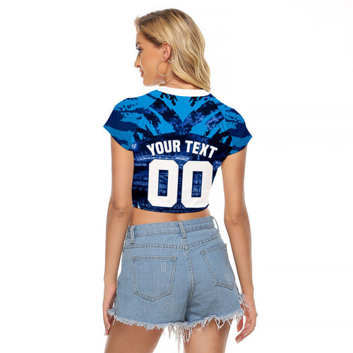 Personalised Geelong Cat Football Raglan Cropped T Shirt Electric Blue Mascot Charging Cityscape