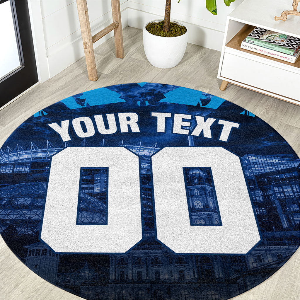 Personalised Geelong Cat Football Round Carpet Electric Blue Mascot Charging Cityscape