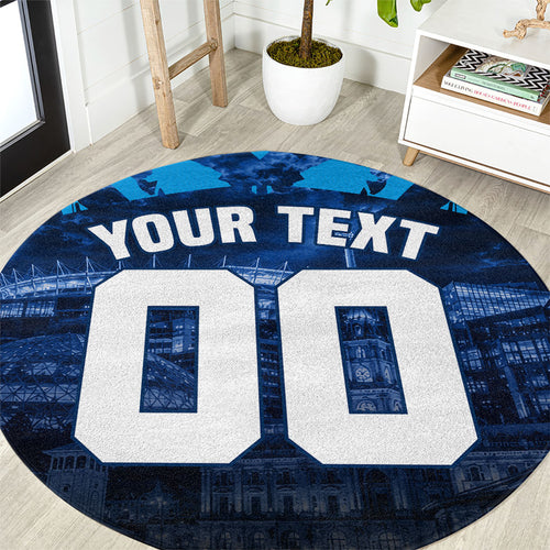 Personalised Geelong Cat Football Round Carpet Electric Blue Mascot Charging Cityscape
