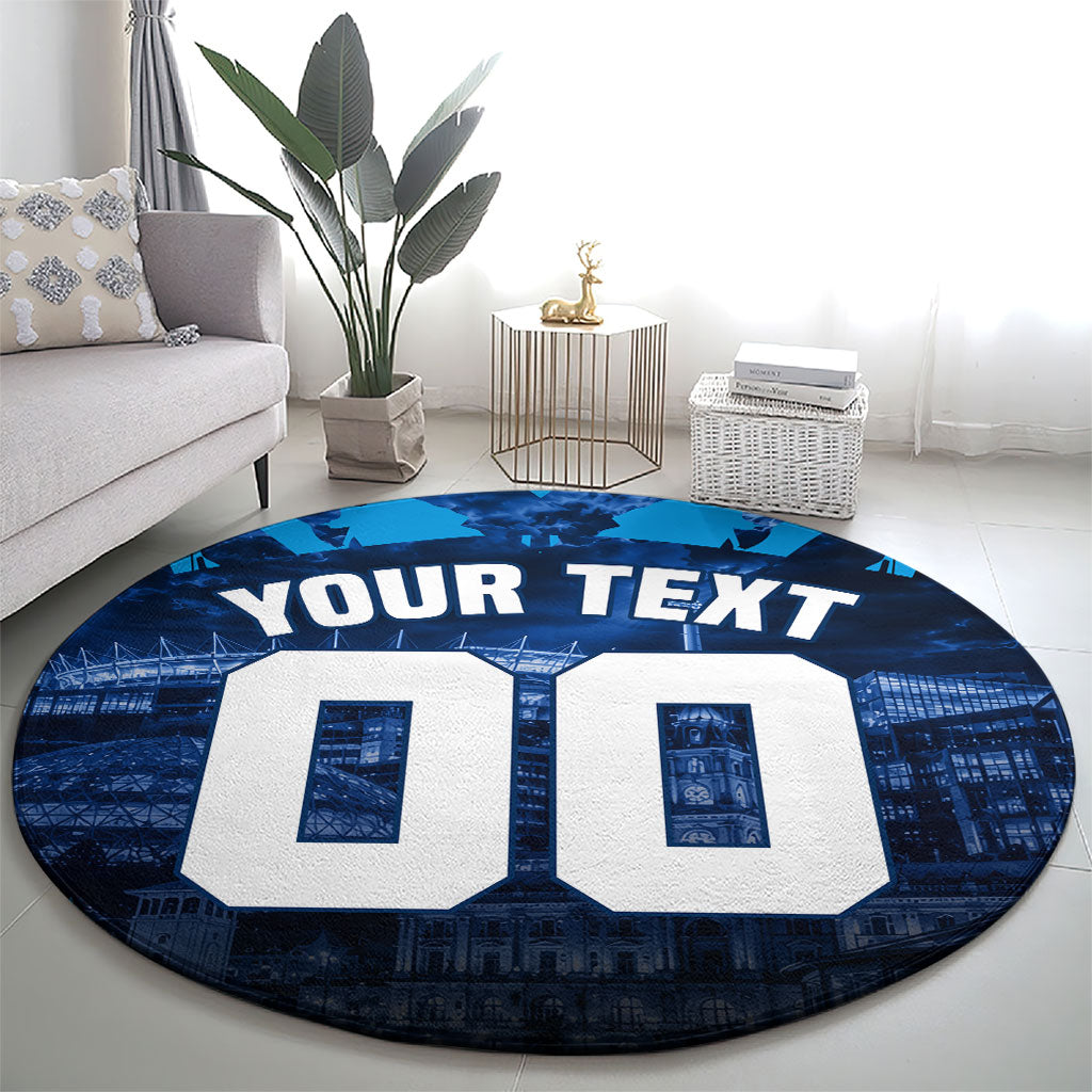 Personalised Geelong Cat Football Round Carpet Electric Blue Mascot Charging Cityscape