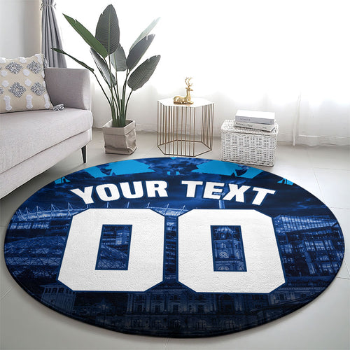 Personalised Geelong Cat Football Round Carpet Electric Blue Mascot Charging Cityscape