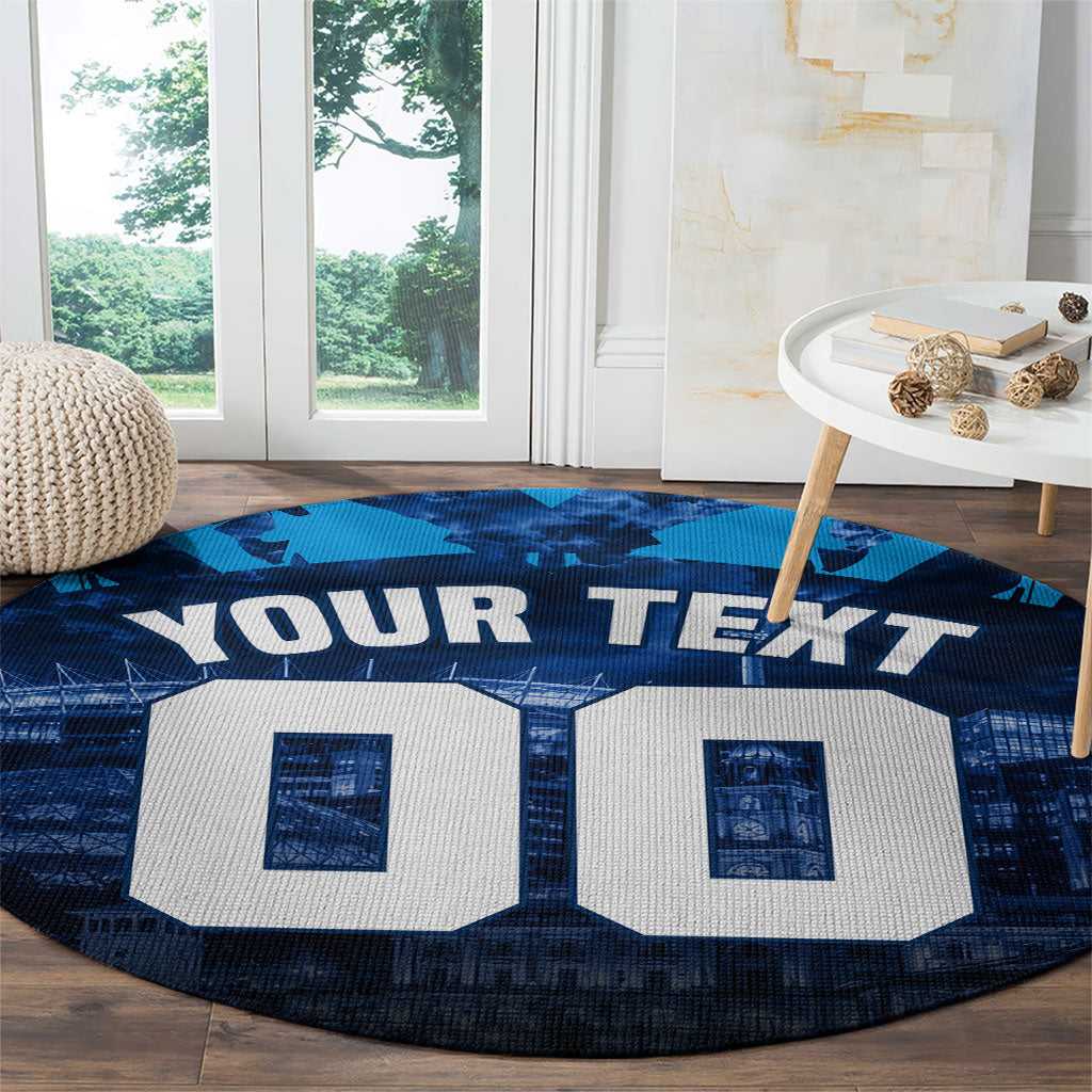Personalised Geelong Cat Football Round Carpet Electric Blue Mascot Charging Cityscape