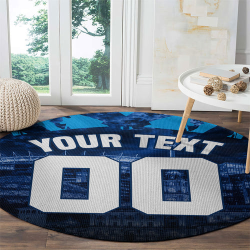Personalised Geelong Cat Football Round Carpet Electric Blue Mascot Charging Cityscape