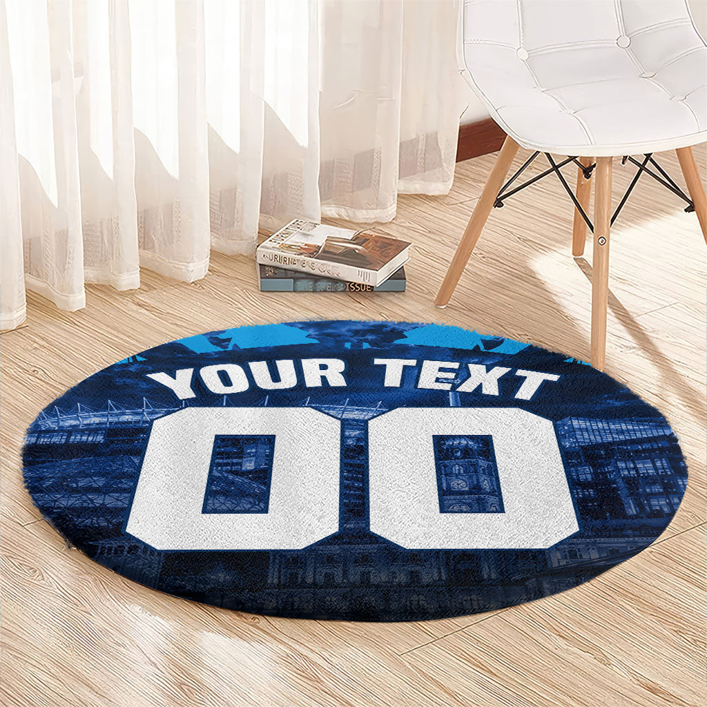 Personalised Geelong Cat Football Round Carpet Electric Blue Mascot Charging Cityscape