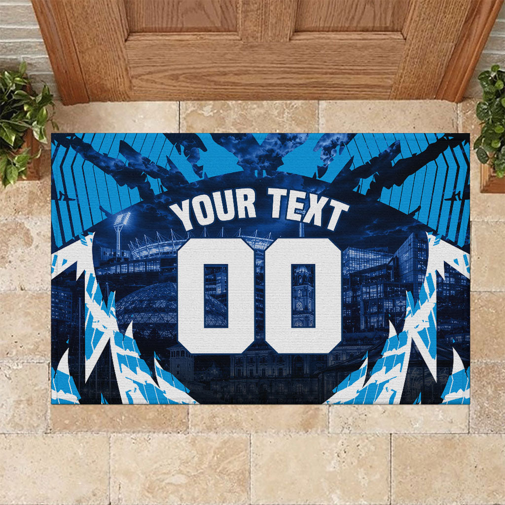 Personalised Geelong Cat Football Rubber Doormat Electric Blue Mascot Charging Cityscape