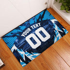 Personalised Geelong Cat Football Rubber Doormat Electric Blue Mascot Charging Cityscape