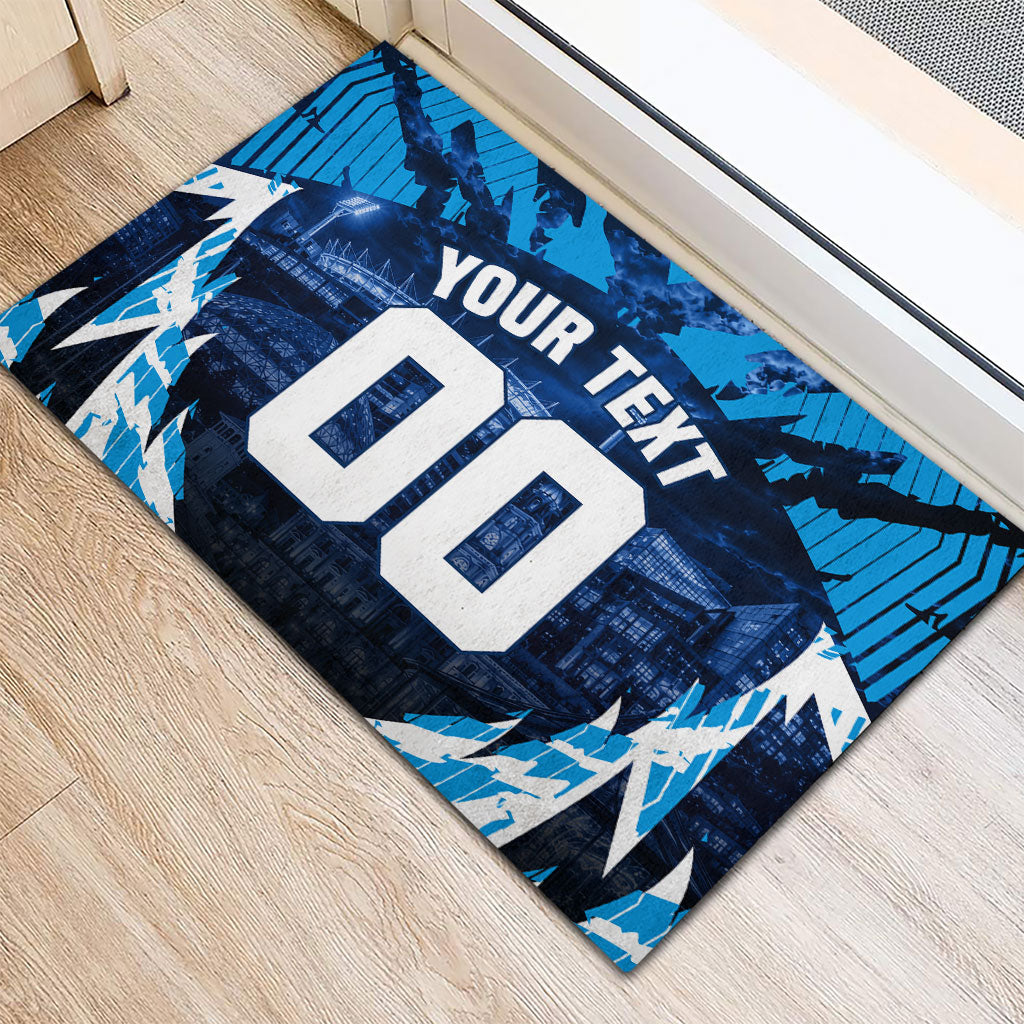Personalised Geelong Cat Football Rubber Doormat Electric Blue Mascot Charging Cityscape