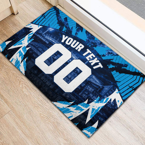 Personalised Geelong Cat Football Rubber Doormat Electric Blue Mascot Charging Cityscape