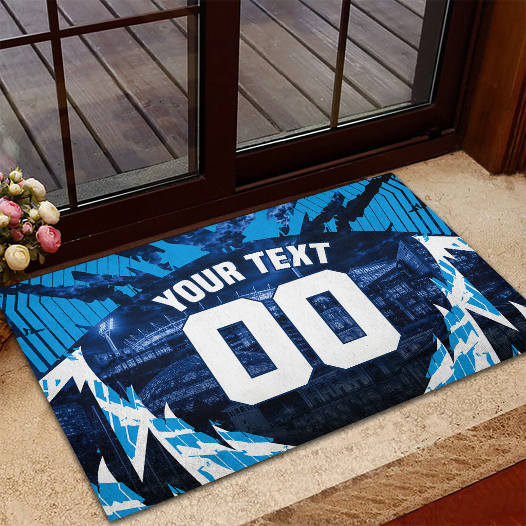 Personalised Geelong Cat Football Rubber Doormat Electric Blue Mascot Charging Cityscape