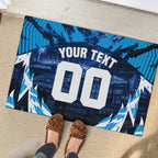 Personalised Geelong Cat Football Rubber Doormat Electric Blue Mascot Charging Cityscape