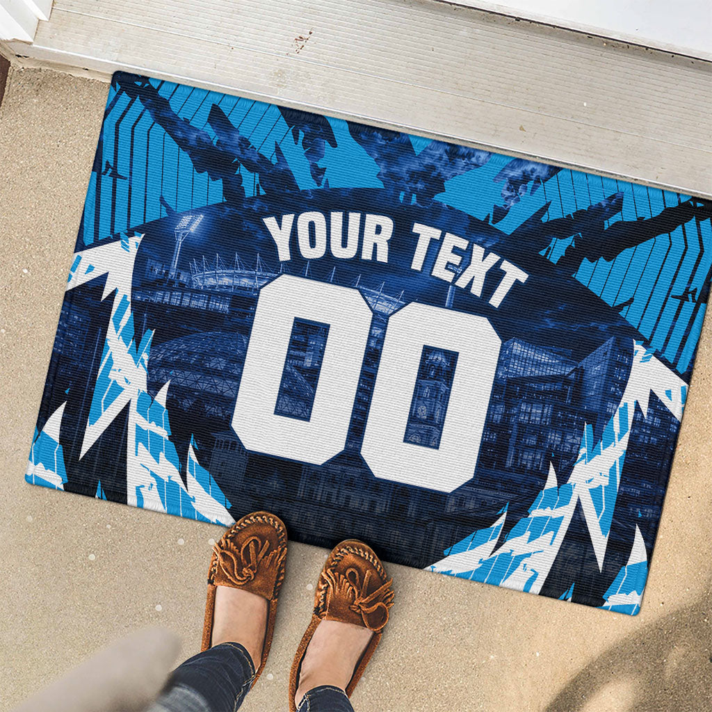 Personalised Geelong Cat Football Rubber Doormat Electric Blue Mascot Charging Cityscape