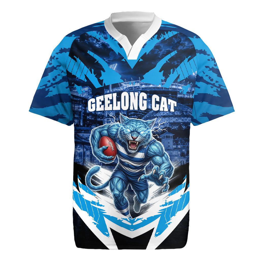 Personalised Geelong Cat Football Rugby Jersey Electric Blue Mascot Charging Cityscape