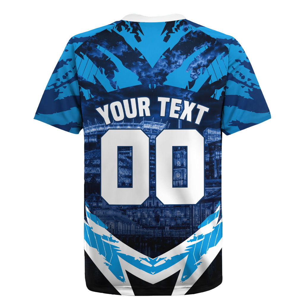 Personalised Geelong Cat Football Rugby Jersey Electric Blue Mascot Charging Cityscape