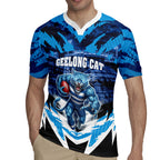 Personalised Geelong Cat Football Rugby Jersey Electric Blue Mascot Charging Cityscape