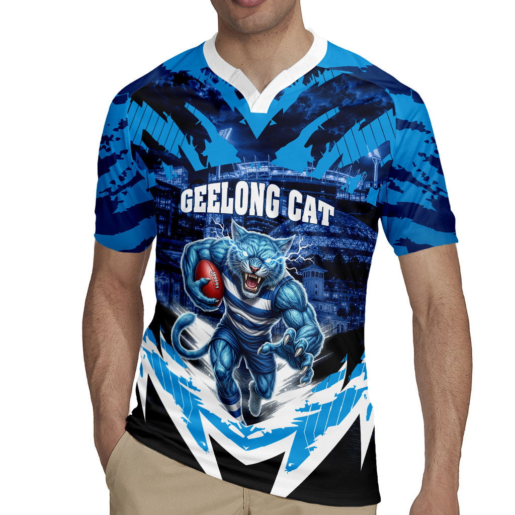 Personalised Geelong Cat Football Rugby Jersey Electric Blue Mascot Charging Cityscape