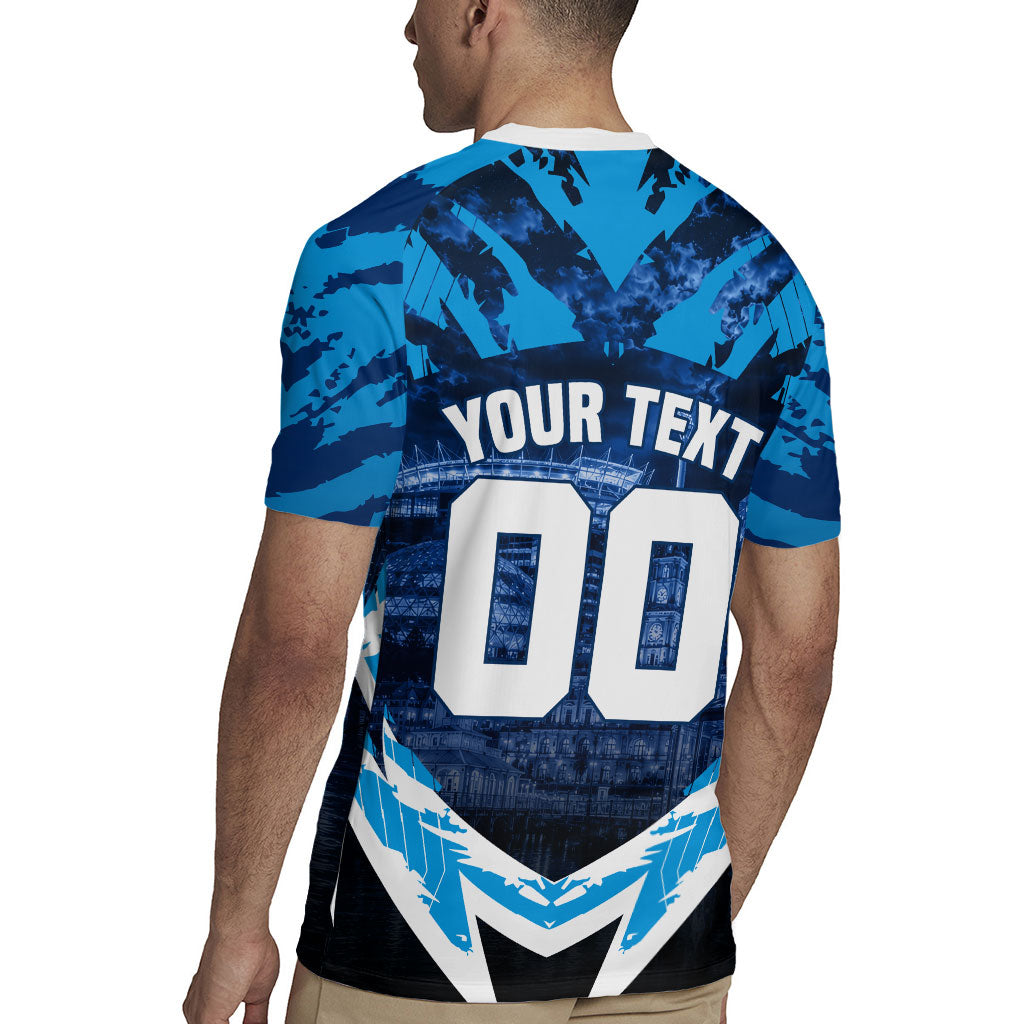 Personalised Geelong Cat Football Rugby Jersey Electric Blue Mascot Charging Cityscape