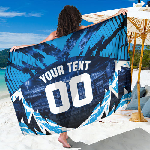 Personalised Geelong Cat Football Sarong Electric Blue Mascot Charging Cityscape