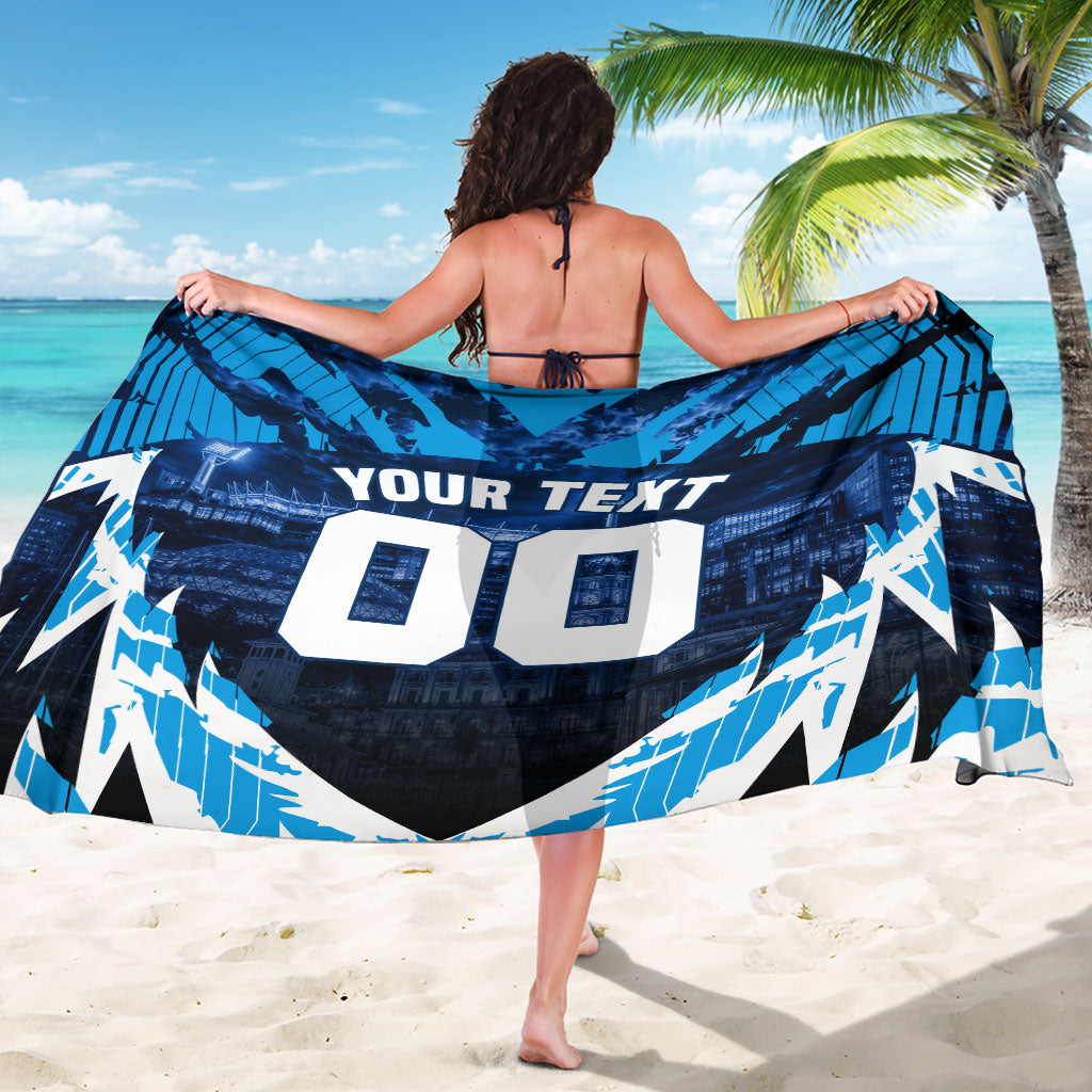 Personalised Geelong Cat Football Sarong Electric Blue Mascot Charging Cityscape