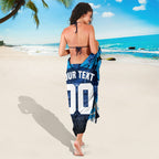 Personalised Geelong Cat Football Sarong Electric Blue Mascot Charging Cityscape