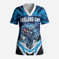 Personalised Geelong Cat Football Scrub Top Electric Blue Mascot Charging Cityscape