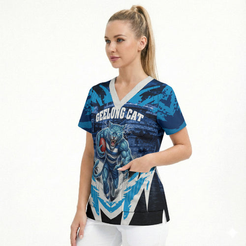 Personalised Geelong Cat Football Scrub Top Electric Blue Mascot Charging Cityscape