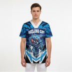 Personalised Geelong Cat Football Scrub Top Electric Blue Mascot Charging Cityscape