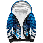 Personalised Geelong Cat Football Sherpa Hoodie Electric Blue Mascot Charging Cityscape
