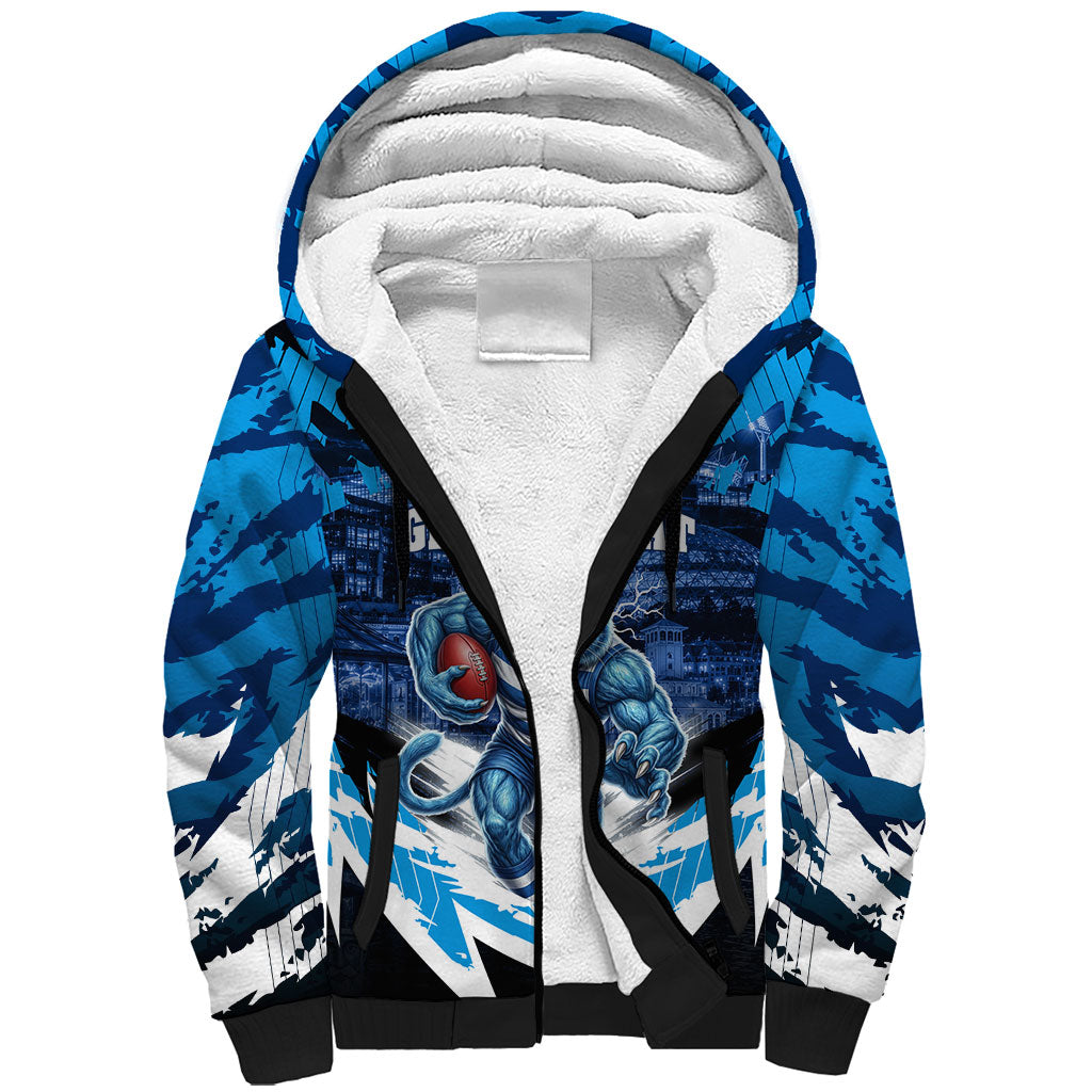 Personalised Geelong Cat Football Sherpa Hoodie Electric Blue Mascot Charging Cityscape