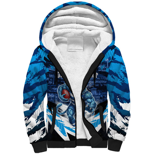 Personalised Geelong Cat Football Sherpa Hoodie Electric Blue Mascot Charging Cityscape