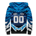 Personalised Geelong Cat Football Sherpa Hoodie Electric Blue Mascot Charging Cityscape