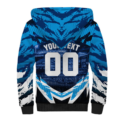 Personalised Geelong Cat Football Sherpa Hoodie Electric Blue Mascot Charging Cityscape