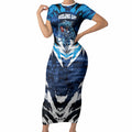 Personalised Geelong Cat Football Short Sleeve Bodycon Dress Electric Blue Mascot Charging Cityscape