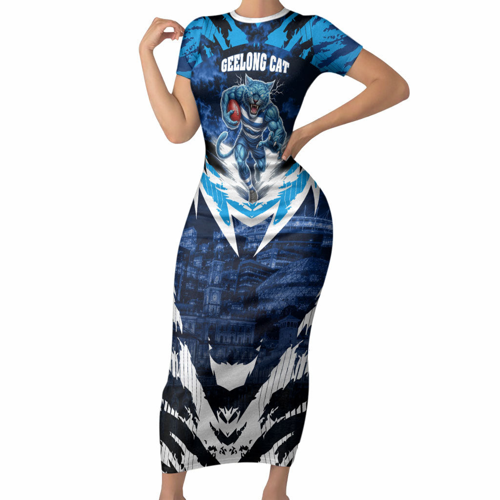 Personalised Geelong Cat Football Short Sleeve Bodycon Dress Electric Blue Mascot Charging Cityscape