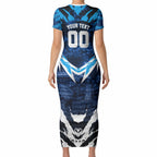 Personalised Geelong Cat Football Short Sleeve Bodycon Dress Electric Blue Mascot Charging Cityscape