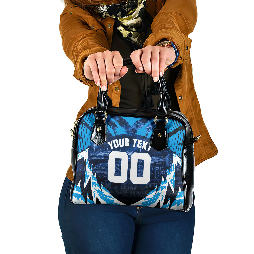Personalised Geelong Cat Football Shoulder Handbag Electric Blue Mascot Charging Cityscape