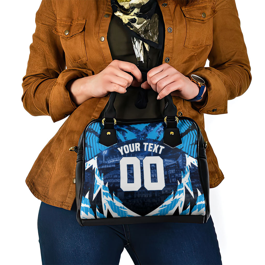 Personalised Geelong Cat Football Shoulder Handbag Electric Blue Mascot Charging Cityscape