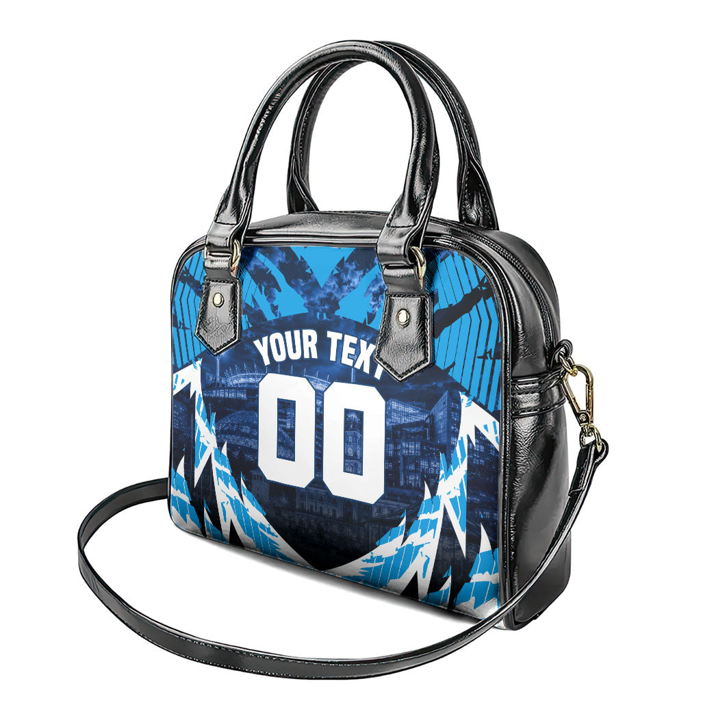 Personalised Geelong Cat Football Shoulder Handbag Electric Blue Mascot Charging Cityscape