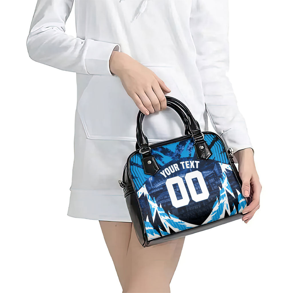 Personalised Geelong Cat Football Shoulder Handbag Electric Blue Mascot Charging Cityscape