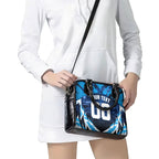 Personalised Geelong Cat Football Shoulder Handbag Electric Blue Mascot Charging Cityscape