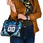 Personalised Geelong Cat Football Shoulder Handbag Electric Blue Mascot Charging Cityscape