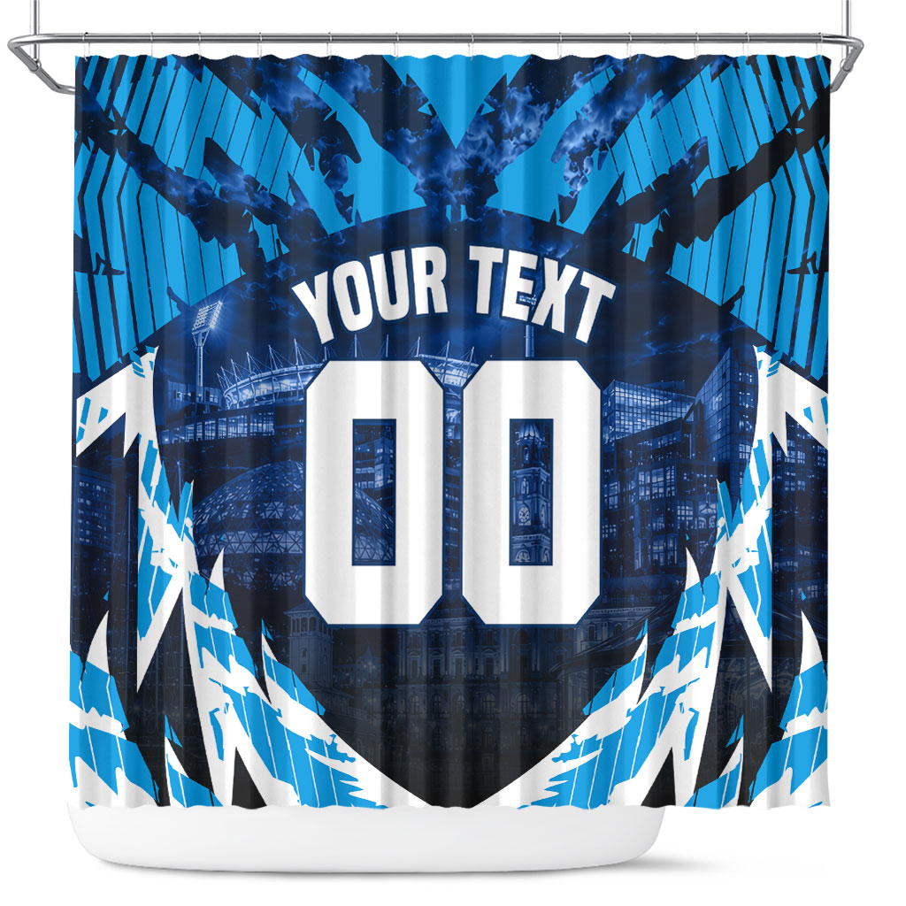 Personalised Geelong Cat Football Shower Curtain Electric Blue Mascot Charging Cityscape