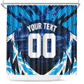 Personalised Geelong Cat Football Shower Curtain Electric Blue Mascot Charging Cityscape