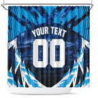 Personalised Geelong Cat Football Shower Curtain Electric Blue Mascot Charging Cityscape