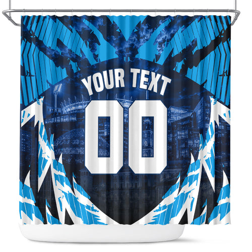 Personalised Geelong Cat Football Shower Curtain Electric Blue Mascot Charging Cityscape