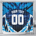 Personalised Geelong Cat Football Shower Curtain Electric Blue Mascot Charging Cityscape