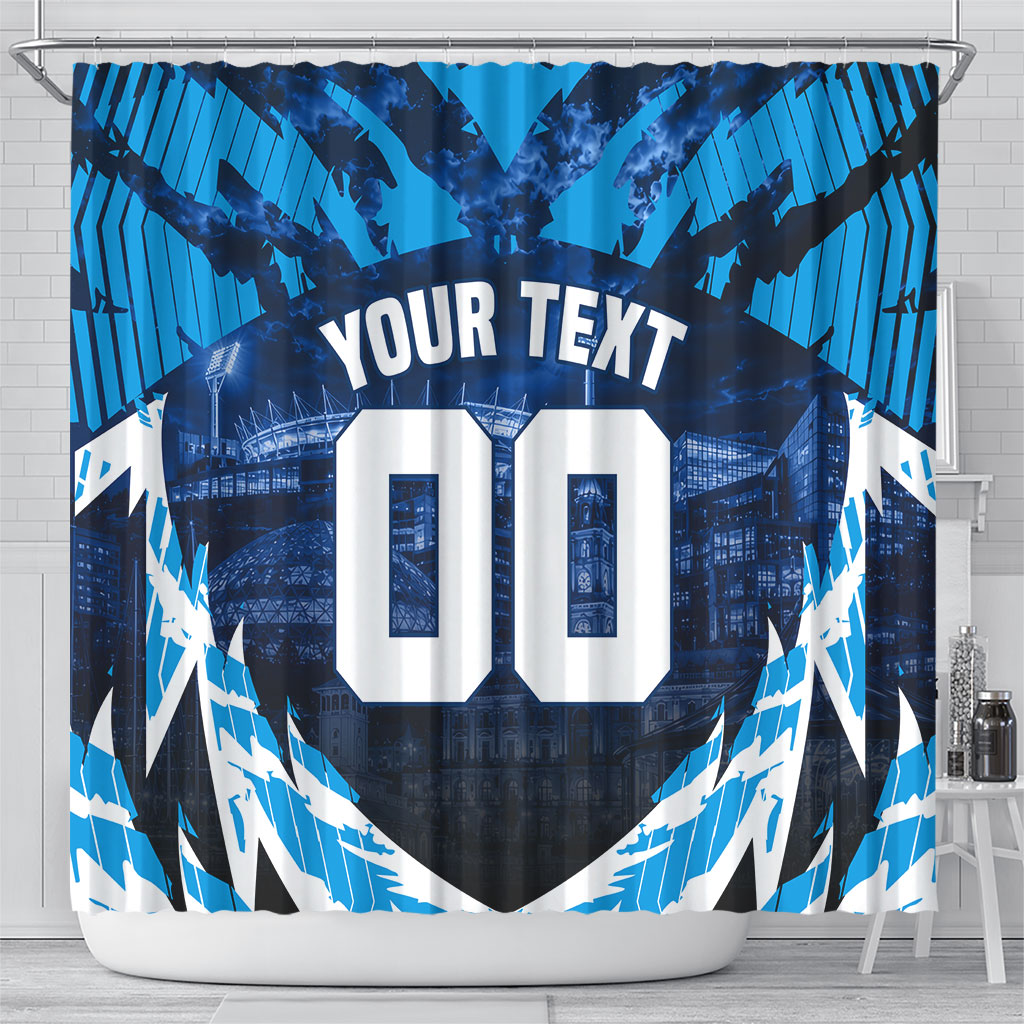 Personalised Geelong Cat Football Shower Curtain Electric Blue Mascot Charging Cityscape