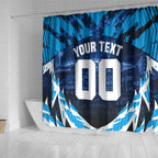 Personalised Geelong Cat Football Shower Curtain Electric Blue Mascot Charging Cityscape