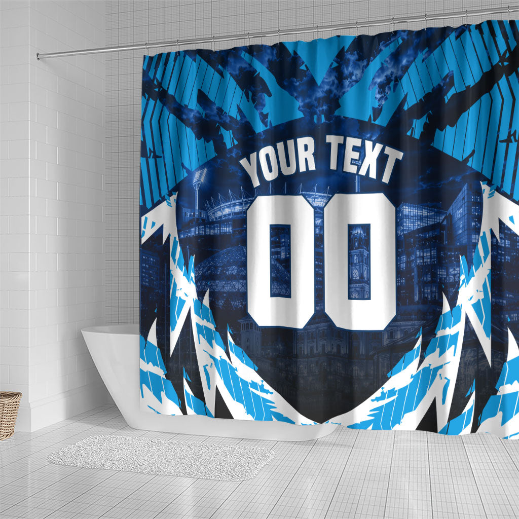 Personalised Geelong Cat Football Shower Curtain Electric Blue Mascot Charging Cityscape