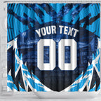 Personalised Geelong Cat Football Shower Curtain Electric Blue Mascot Charging Cityscape